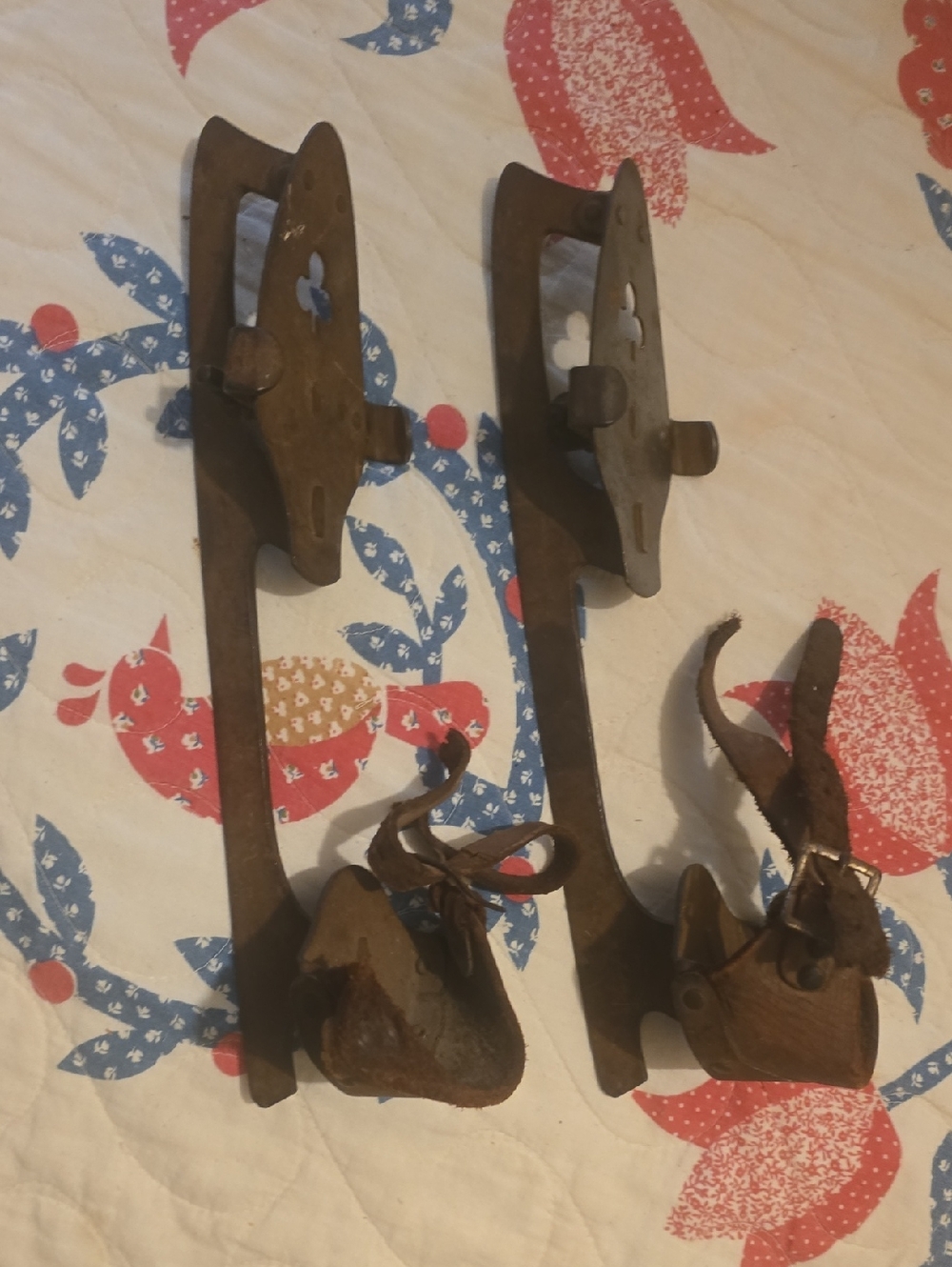 Antique Leather-Strap Ice Skates - Rustic Brown